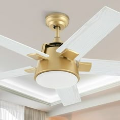 a ceiling fan with two white blades and a light fixture in the middle of it