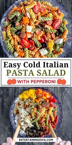 pasta salad with tomatoes, olives and other vegetables in a glass bowl on top of a wooden table