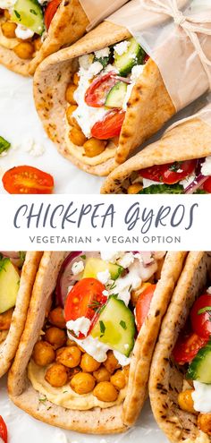 chicken gyros with vegetables and veggies in pita breads on a white surface