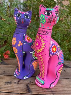 two colorful cats sitting next to each other on a wooden table in front of plants