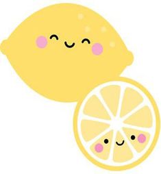 a cartoon lemon with eyes closed sitting next to a slice of fruit that has been cut in half