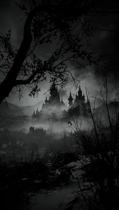 a black and white photo of a castle in the distance with fog coming from it