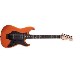 an orange electric guitar on a white background