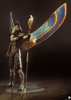 an egyptian statue holding a golden staff with blue and yellow feathers on it's wings