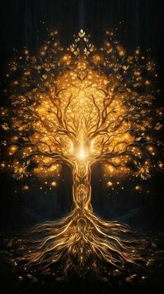 a painting of a tree with golden leaves on it's branches and the light coming from its roots