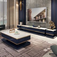 an elegant living room with blue and gold accents