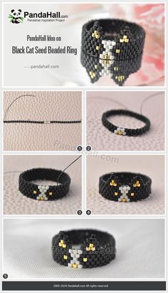 instructions for how to make a beaded bracelet with black beads and yellow flowers on it