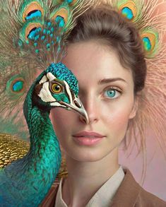 a woman with a peacock on her head