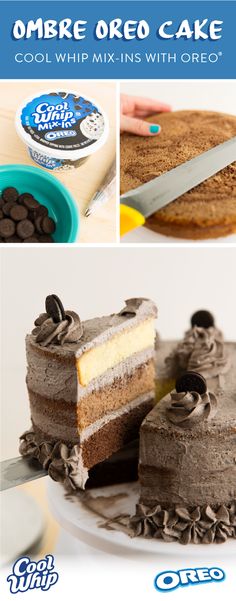 a collage of cakes with chocolate frosting and oreo cookies on the side