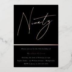 a black and gold birthday party card with the word ning on it in cursive writing