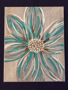 an acrylic painting of a blue flower with brown and white petals on it