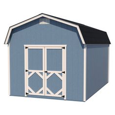 a blue and white shed with two doors