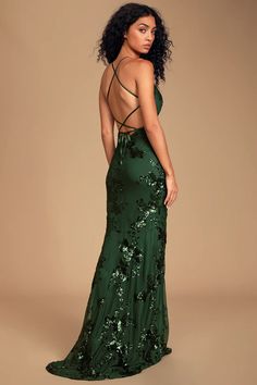 Lovely Forest Green Dress - Maxi Dress - Lace-Up Sequin Dress Forest Green Dresses, Green Formal Dresses, Prom Dress Inspiration, Formal Dresses Gowns, Cute Prom Dresses, Pretty Prom Dresses, Sequin Maxi Dress, Green Sequins, Gorgeous Gowns