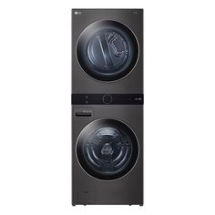 the front load washer and dryer are side by side, both in stainless steel