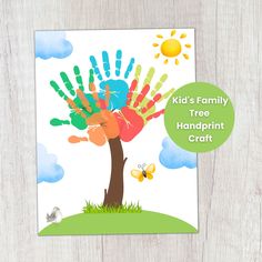 a handprint tree is shown with the words kid's family tree on it