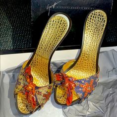 Giuseppe Zanotti Tribal Silk Bow With Gold Studded & Gold Sole Slip On Heels Worn. 6/10 Condition *Scuffs And Wear As Pictured *Right Sole Needs To Be Reattached Includes Original Box Heel Is 4 In 90s Heels, Robert Cavalli, Dream Shoe Closet, Zanotti Heels, Dream Shoe, Styling Clothes, Slip On Heels, Pointy Heels, Paris Party