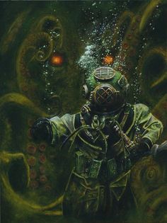 a painting of a man in a diving suit with an octopus on his chest and tentacles around him