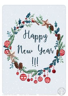 a happy new year card with pine cones, holly branches and ornaments in a wreath