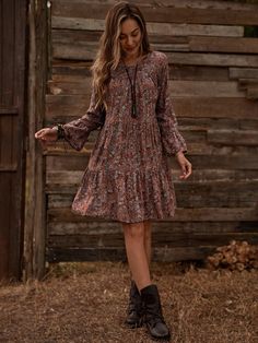 Ditsy Floral Flounce Sleeve Smock Dress | EMERY ROSE Brown Pattern Fall Dress, Fall 2022 Dresses Casual, Fall Dress With Boots Roolee, Affordable Floral Print Fall Dresses, Basic Fall Dresses, Floral Long Sleeve Dress Fall, Every Day Dresses Casual Winter, Rustic Fall Dresses, Casual Fall Dress For Senior Pucs