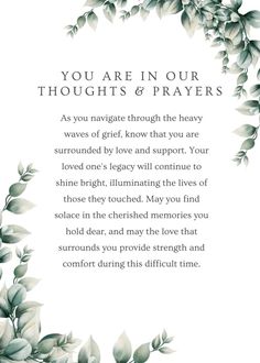 a card with the words you are in our thoughts and prayers