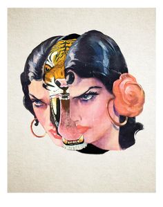 a painting of a woman's face with a tiger on her head and a rose in her ear