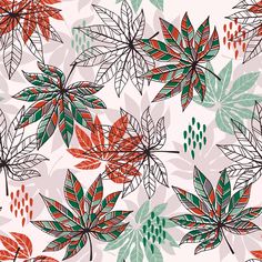 a pattern with leaves and berries on a white background in red, green, and orange colors