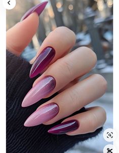 Crimson Color Nails, Simple Mauve Nails, 33 Birthday Nails, Plum Nail Color Design, Nail Feather Design, Long Almond Ombre Nails, October Nails Ideas Almond, Plum Pink Nails, Deep Purple Almond Nails