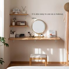 a bed room with a neatly made bed and shelves on the wall next to it