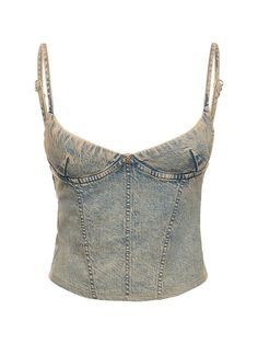 Kiko cotton denim corset top - Miaou - Women | Luisaviaroma Cool Corset Tops, Summer Corset Top, Summer Dark Wash Denim Corset, Dark Wash Summer Corset, Dark Wash Denim Corset For Summer, Casual Cropped Cotton Corset, Casual Denim Blue Cotton Corset, Spring Denim Corset In Dark Wash, Fitted Denim Blue Distressed Tops