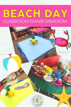 an advertisement for a beach day classroom transformed into a table with decorations and balloons on it