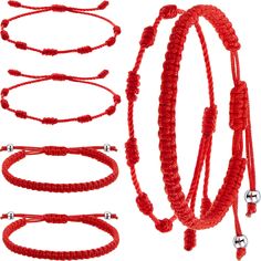 red string bracelets and rings with silver beads