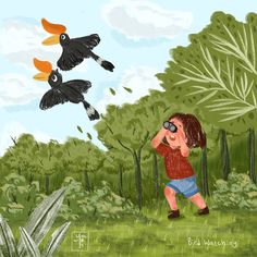 a drawing of a boy looking through binoculars at two birds in the air above him