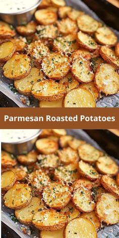 two pictures of baked potatoes with parmesan and seasoning