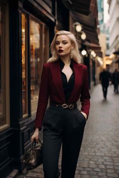 28 Women Introduce the Allure of Vintage Noir to Modern Minimalist Style (Concept Fashion) - Whatchawearing Buisnesscore Outfit Female, Red Black Clothes, Vampire Business Woman, Women All Black Outfit Classy, Black And Red Suits For Women, Female Villain Aesthetic Outfit, Everyday Vampire Outfit, Vintage Noir Aesthetic, Soft Dramatic Office Style