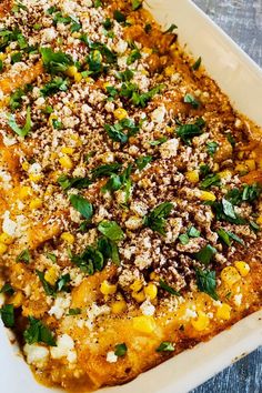 enchiladas topped with cheese corn and cilantro Corn Chicken Enchiladas, Mexican Street Corn Chicken, Creamy Chicken Enchilada Soup, Mexican Birria, Street Corn Chicken, Slow Cooker Mexican, Cheesy Enchiladas, Cold Weather Comfort Food