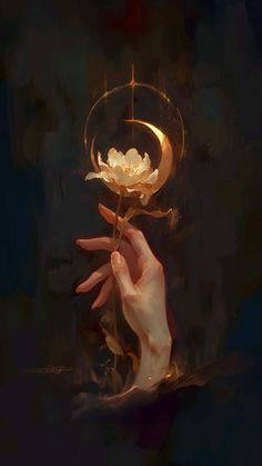 a person holding a flower in their hand with the moon above it and behind them