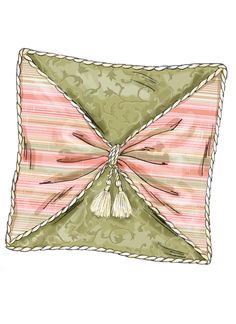 an illustration of a decorative pillow with a pink and green bow on the front side