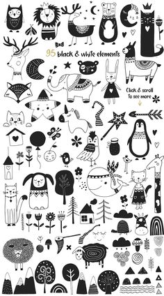 black and white illustrations with animals, birds, trees and clouds in the middle of them