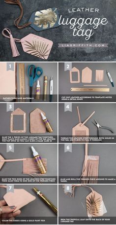 the instructions for making leather luggage tags with scissors and other things to make them look like they