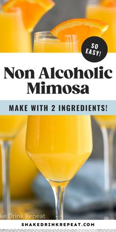 non alcoholic mimosa with oranges in the background and text overlay that reads, make with 2 ingredients