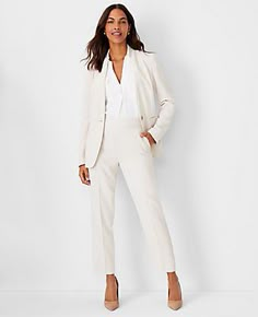 Impeccably tailored in refined crepe, our long collarless blazer is an endlessly versatile topper. V-neck. Long button-open sleeves allow for versatility in styling. One-button front. Front besom pockets. Back vent.,Bullet3:27" long,Hit:Hits at hip,Imported:Imported,Fit:Tailored fit,Fabrication:95% Polyester, 5% Spandex,Garment Care:Machine Washable The Long Collarless Blazer in Fluid Crepe by Ann Taylor Size regular - 00 Ivory Whisper Women's Blazers, Long, Sleeve, Suit, Jackets, Jackets, 95%, Cute Business Attire For Women, Collarless Blazer Women, Winter White Suits For Women, Women Work Blazer, Cocktail Attire Pant Suit For Women, Interview Suit Women, Women’s Business Wear, Women’s Pant Suits, White Blazer Work Outfit