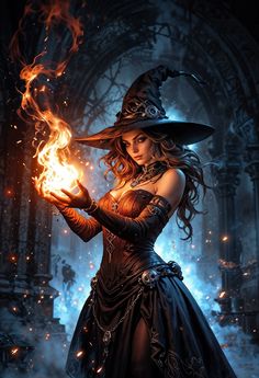 a woman dressed as a witch holding a fire ball in her hand and wearing a black hat