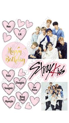 the btt's happy birthday stickers are shown in pink and white, with hearts