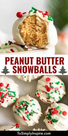 peanut butter snowballs with white frosting and sprinkles in the middle