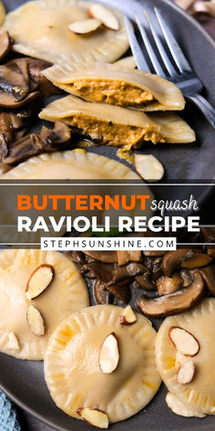 butternut squash ravioli recipe on a black plate with sliced mushrooms and cashews