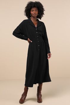 We simply can't deny a look as charming as the Lulus Timeless Class Black Collared Button-Up Pleated Midi Dress! Textured, woven fabric shapes this classic dress that has a blousy bodice with a collared neckline and long sleeves with drop shoulders and button cuffs. The A-line silhouette boasts a functional button placket and pleating that carry through the fitted waist as it falls to a chic midi hem. Elastic at back for best fit. Fit: This garment fits true to size. Length: Mid-calf length. Size medium measures 49.5" from shoulder to hem. Bust: Great for any cup size. Waist: Fitted - elastic waist allows stretch. Hip: Not Fitted - fuller skirt allows room for hips. Undergarments: May be worn with any standard bra. Fabric: Fabric has some stretch. Lined. 95% Polyester, 5% Spandex. Hand Was Winter Midi Dress, Midi Dress Winter, Neutral Dresses, Casual Formal Dresses, Dress With Pleats, Casual Wedding Dress, Pleated Midi Dress, Button Up Dress, Tops Fall