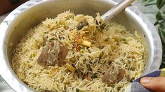 a person holding a spoon in a bowl filled with rice and meat on a table