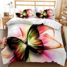 a bed with colorful butterflies on it