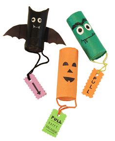 three halloween items are shown with tags attached to each one's head and bat