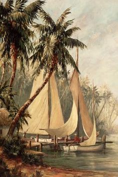 a painting of sailboats on a river with palm trees in the foreground and another boat near by